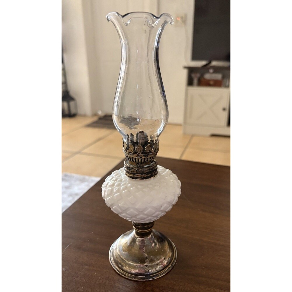 Milk Glass Wick Oil Lamp, Brass Base, Clear Chimney, Diamond Pattern